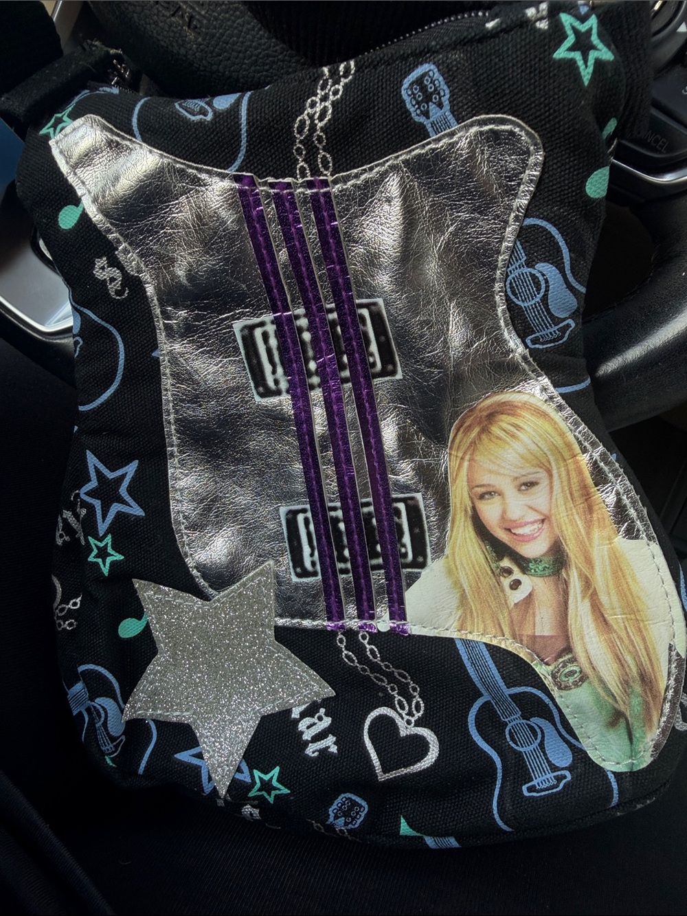Girls' Black Graphic Guitar Crossbody Bag with Silver & Purple Accents